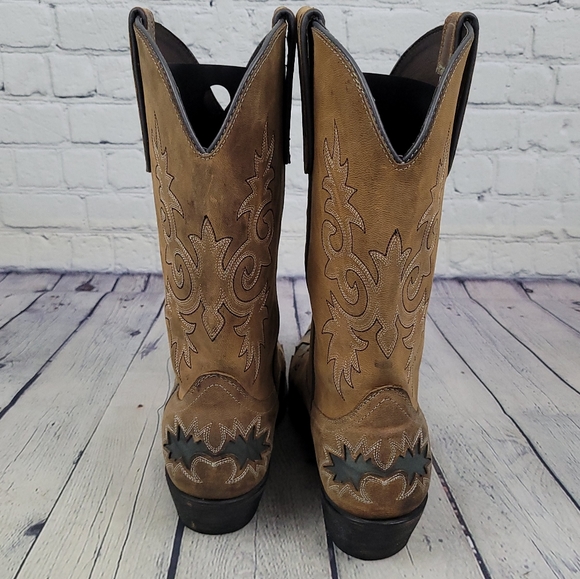 Leather snip toe heeled western rustic cowboy boots - Picture 7 of 11